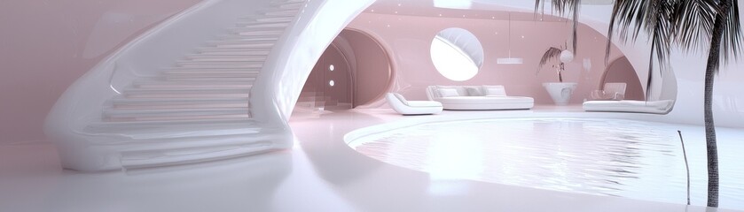 Poster - Modern minimalist interior design featuring a swimming pool and stairs