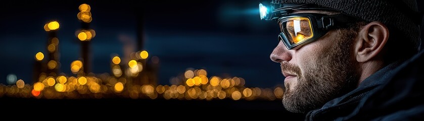 Poster - A man wearing protective gear with glowing headlamp at night