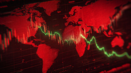 Poster - Close-up of a screen displaying a world map with a downward trending green line graph superimposed, representing global market decline or economic downturn