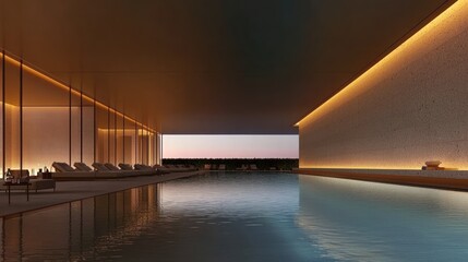 Poster - An indoor swimming pool and lounge area bathed in warm lighting