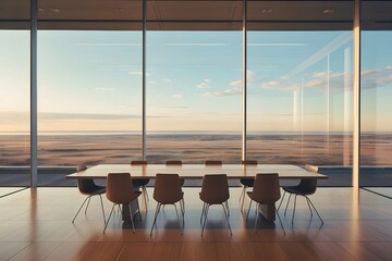 Leinwandbilder - 広い会議室のインテリア 茶色の椅子と大きな窓からの風景 オフィス空間 デザインと現代建築 都市のパノラマビュー
