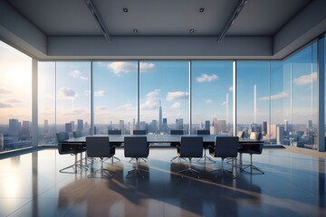 Poster - 高層ビルが立ち並ぶ街並みを望むモダンなグレーの会議室のインテリアと家具