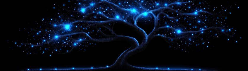 Poster - A glowing tree with blue lights against a black background