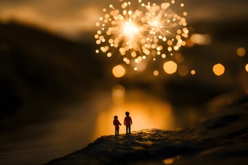 Poster - 夜空に輝く花火を見る子供たちのシルエット 黄金色の背景と暖色の光が輝く夜景