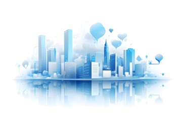 Aufkleber - 水色の都市景観の抽象的なイラスト 青と白の高層ビルと水面反射が特徴的な背景デザイン