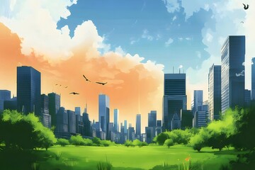 Aufkleber - 緑の公園と高層ビル群が広がる都市景観 夕暮れ時の空がオレンジ色に染まる