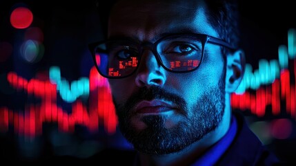 Poster - A man wearing glasses with data reflected on the lenses