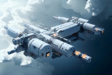 Aufkleber - 白い宇宙船クラウドスケープとボクセルアートの描写が未来的な飛行のシーンを捉えています