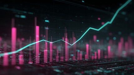 Poster - Abstract image of glowing pink and teal data graphs, showcasing upward trend lines symbolizing growth, progress, and technological advancement