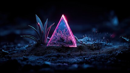 Poster - A neon glowing triangle frames plant life on a dark surface