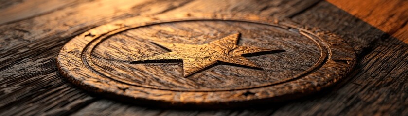 Poster - A detailed wooden star carving on a textured wood surface