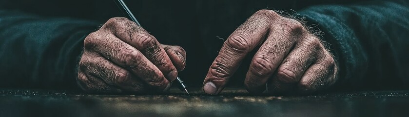 Aufkleber - Hands Holding Pen Writing on Dark Surface Possibly a Table