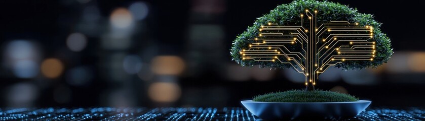 Poster - A futuristic tree with integrated circuits growing in a pot