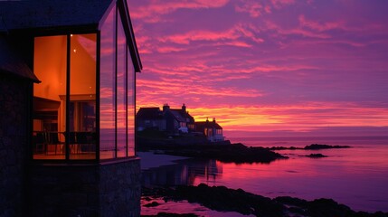 Poster - A coastal house reflects a beautiful sky at sunset time