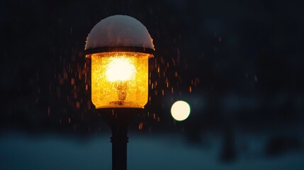 Poster - A glowing lamppost illuminates a snowy winter night landscape beautifully