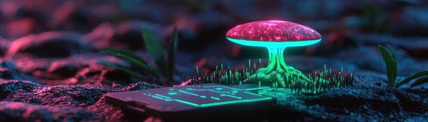 Poster - A futuristic glowing mushroom growing near a circuit board