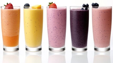 Poster - Colorful fruit smoothies in tall clear glasses with toppings