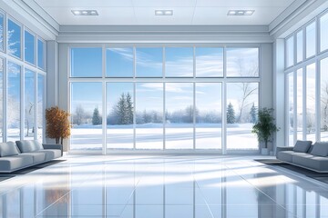 Aufkleber - 広々とした白いインテリアデザインの部屋から見える冬の雪景色 パノラマの窓から自然光が差し込む現代的なデザイン空間