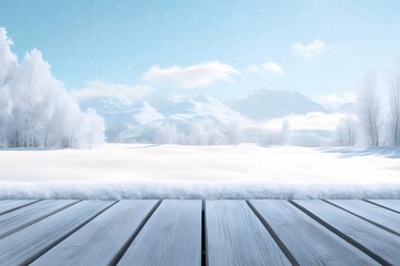 Leinwandbilder - 雪に覆われた木々山々の背景と白い木の床で穏やかな冬の風景