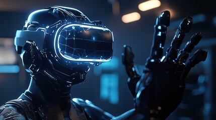 Poster - Person wearing a virtual reality headset exploring simulated digital environments