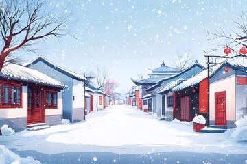 Aufkleber - 雪の降る中国の伝統的な通りの冬のシーン赤いアクセントのある白い建物と雪に覆われた屋根のある穏やかな雪の日の風景