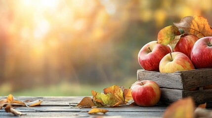 Poster - Fresh red apples and leaves resting on rustic wooden surface