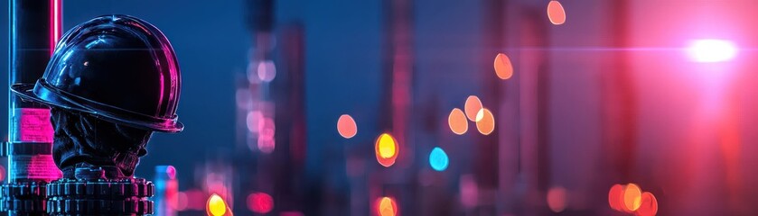 Poster - A hard hat rests atop machinery with colorful lights present