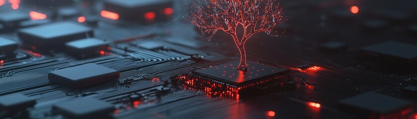 Poster - A glowing red tree sprouting from an electronic circuit board