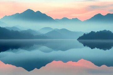 Aufkleber - 薄いピンクの空と青い山と湖の穏やかな風景 反射のある穏やかな水面と朝の光が平和な雰囲気を作り出す 背景はぼやけています