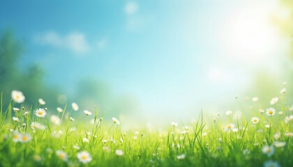 Aufkleber - Sunny spring meadow scene with fresh green grass, white daisies, blue sky, light bokeh. Nature floral background, spring season theme, vibrant colors, scenic daylight, fresh air. Peaceful meadow,