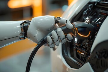 Aufkleber - 充電プラグを接続するロボットアームを備えた白い電気自動車のクローズアップ