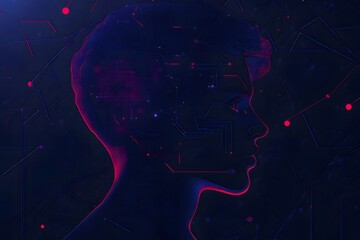 Aufkleber - 青と赤のネオンラインで表されたAIの概念的な側面図 暗い背景に照らされたデジタル思考の抽象的な人間の顔
