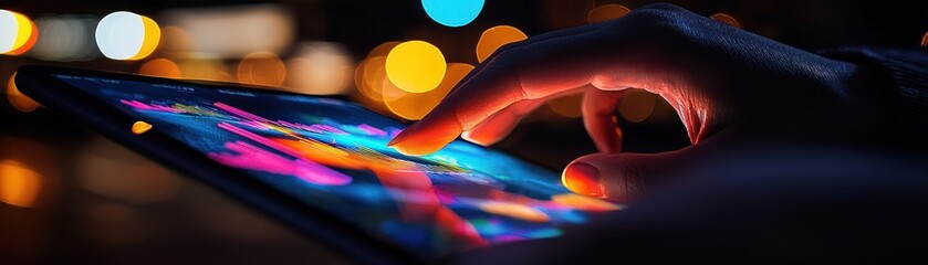Poster - A hand interacts with a illuminated tablet computer display
