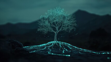 Poster - Glowing digital tree displaying roots and branches in the landscape