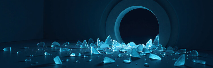 Poster - shards broken glass scattered dark background illuminated small circular light within nearby