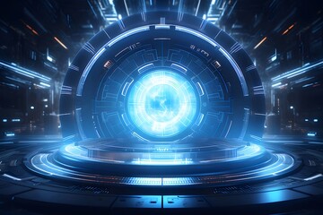 Aufkleber - 青い球体光る未来的な技術ハブ抽象的な背景 デザイン要素と幾何学的なパターンを使用したサイエンスフィクションの世界