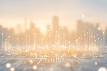 Aufkleber - 抽象的なオレンジ色の接続テクノロジー都市景観ネットワーク接続と回路ボード パターン デジタル テクノロジーの未来的な世界的な都市の背景