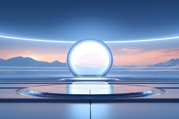 Aufkleber - 円形構造の背景を持つ未来的な球体ステージ、デジタル幾何学的な反射空間デザイン、3Dイラスト、柔らかい空と山のシルエット