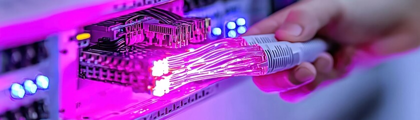 Poster - A hand plugging in glowing optic fiber network cables