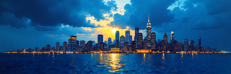 Poster - vibrant blue gold hues dominate dark impasto textured cityscape evoking sense contrast light