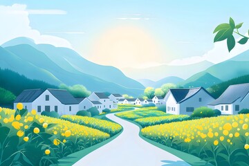 Poster - 青い空と黄色い花の咲く村へ続く道 山々の背景 夏の日の穏やかな風景