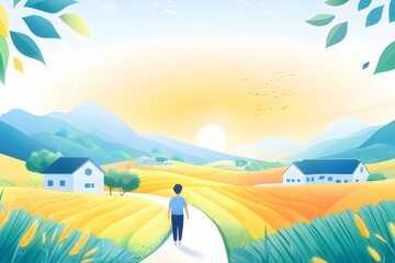 Poster - 田舎道の風景イラスト 青空の下を歩く人物と金色の麦畑と家並みのある穏やかな風景