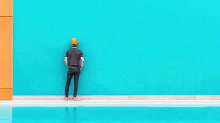 Poster - Person Wearing Safety Helmet Stands in Front of Colorful Wall