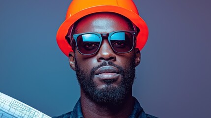 Poster - A construction worker wears glasses and a safety helmet