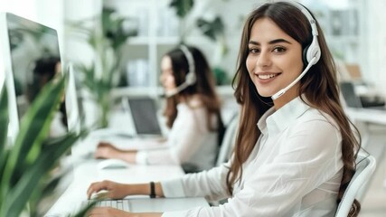 Poster - Two young women work as customer service representatives in an office environment. They wear headsets and smile, ready to provide assistance to clients or customers.