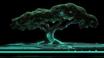 Poster - A digital green tree with glowing circuitry against black background