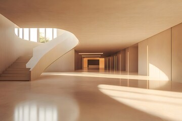 Aufkleber - ミニマリスト建築におけるベージュのインテリア 階段、光の遊びと幾何学的な構造を備えた現代的な空間デザイン
