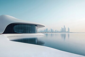Poster - 白い現代建築の建物と海の反射 穏やかな空の背景を持つ都市景観