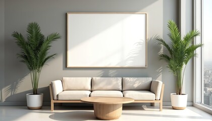 Poster - Empty picture frame mock-up in modern living room interior design. Blank art canvas on grey wall above sofa and round coffee table. Palm trees in pots near window. Natural light.