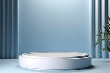 Aufkleber - 水色の背景に白い円形の表彰台と観葉植物のあるミニマリストスタジオシーン